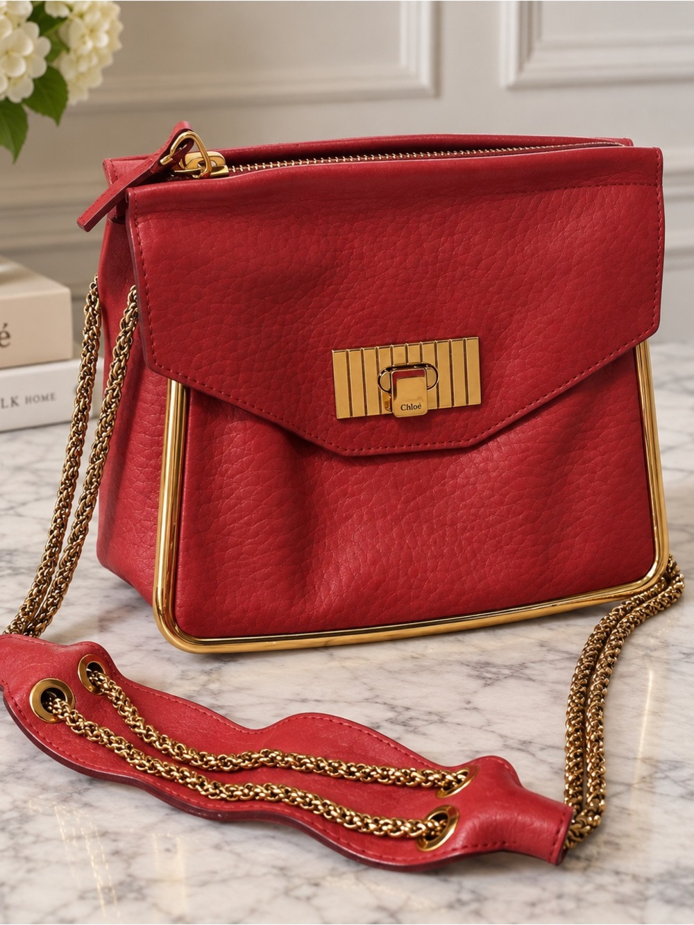 Chloé Elsie Red Leather Gold Frame Chain Shoulder Bag